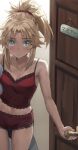  1girl ass_visible_through_thighs blonde_hair blue_eyes blush breasts camisole expressionless fate/apocrypha fate_(series) groin highres looking_at_viewer midriff mordred_(fate) no_pants panties ponytail pov_doorway red_camisole red_panties red_scrunchie scrunchie shirt small_breasts solo striped tonee translated underwear 