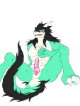  absurd_res anthro black_body black_fur black_hair blush bodily_fluids cecethefoxwitch cum dragon embarrassed fur genital_fluids genitals green_body green_scales hair hi_res humanoid leaking_cum male orange_eyes penis scales scalie solo spiked_penis spikes spikes_(anatomy) tan_body tan_scales 