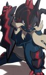  animal_focus arm_up closed_mouth commentary_request fangs fangs_out frown highres hisuian_samurott looking_at_viewer makoto_ikemu no_humans pokemon pokemon_(creature) red_eyes solo white_background 