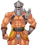  1boy abs armor bara bare_pectorals briefs bulge chest_belt chrono_cross cowboy_shot grey_male_underwear helmet highres kirupi large_pectorals looking_at_viewer male_focus male_underwear muscular muscular_male nipples pauldrons pectorals scar scar_on_chest scar_on_leg shoulder_armor single_pauldron solo stomach thick_thighs thighs underwear vambraces veins zoah 