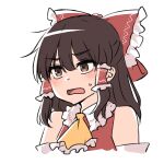  1girl ascot bangs bare_shoulders blush bow brown_eyes brown_hair commentary_request detached_sleeves dress eyebrows_visible_through_hair eyes_visible_through_hair frills hair_between_eyes hair_bow hair_ornament hair_tubes hakurei_reimu long_sleeves looking_to_the_side medium_hair miyo_(ranthath) nervous open_mouth red_bow red_dress simple_background solo touhou upper_body white_background wide_sleeves yellow_ascot 