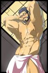  1boy abs alternate_hair_color arms_behind_head bara beard blush bulge cowboy_shot facial_hair glasses grey_hair gyee kito_(clamp5656) large_pectorals looking_at_viewer male_focus mature_male muscular muscular_male naked_towel navel navel_hair nipples one_eye_closed pectorals reward_available seductive_smile short_hair smile solo stomach thick_thighs thighs topless_male towel vundo_(gyee) wet 