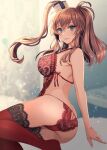  ass battle_effectiveness_award blue_background blue_eyes blurry blurry_background brown_hair butt_crack hair_between_eyes highres kantai_collection kasumi_(skchkko) lace_trim lingerie panties ponytail red_legwear red_panties saratoga_(kancolle) side_ponytail sidelocks thighhighs underwear yellow_background 