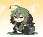  1girl :&lt; ahoge bangs black_bow black_bowtie black_legwear black_shirt blush bow bowtie breasts chibi commentary_request deviljho drooling eyebrows_visible_through_hair fang full_body gradient_hair green_hair hair_between_eyes hair_ornament hairclip highres kneehighs medium_breasts milkpanda monster_hunter_(series) mouth_drool multicolored_hair navel no_shoes open_mouth personification red_hair shirt short_eyebrows sitting soles solo tail thick_eyebrows triangle_mouth yellow_eyes 