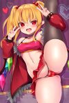  1girl ass_visible_through_thighs bangs bare_shoulders blonde_hair blush bra breasts cameltoe choker commentary_request covered_nipples double_v eyebrows_visible_through_hair flandre_scarlet hair_ornament heart highres jacket long_sleeves looking_at_viewer miniskirt navel open_mouth panties pointy_ears red_eyes shiron_(e1na1e2lu2ne3ru3) skindentation skirt small_breasts solo split standing standing_on_one_leg standing_split strapless thick_thighs thighhighs thighs touhou tube_top twintails underwear v wings 
