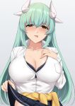  1girl aqua_hair black_bra black_skirt blush bra bra_slip breasts clothes_around_waist clothes_lift collarbone dragon_girl dragon_horns fate/grand_order fate_(series) hand_on_own_chest horns kauru00 kiyohime_(fate) large_breasts long_hair multiple_horns pleated_skirt shirt skirt skirt_lift solo sweater sweater_around_waist tongue tongue_out underwear white_shirt yellow_eyes yellow_sweater 