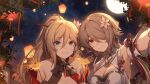  2girls :d bangs bare_shoulders bianka_durandal_ataegina blonde_hair blue_eyes brown_dress brown_hair china_dress chinese_clothes chinese_new_year de_da_xianyu dress earrings flower full_moon grin hair_flower hair_ornament hair_over_one_eye highres honkai_(series) honkai_impact_3rd jewelry lantern long_hair looking_at_viewer mole mole_under_eye moon multiple_girls night night_sky paper_lantern ponytail purple_eyes red_dress rita_rossweisse rita_rossweisse_(artemis) selfie sky smile star_(sky) starry_sky tree white_flower 