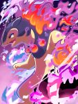  blurry commentary_request fangs fire from_side glowing highres hisuian_typhlosion no_humans open_mouth pokemon pokemon_(creature) purple_background red_eyes smile smoke solo sowao. tongue 