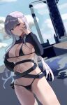  1girl absurdres azur_lane bangs belfast_(azur_lane) bikini black_bikini black_ribbon braid breasts closed_mouth cloud cloudy_sky cowboy_shot crown_braid dutch_angle eyebrows_visible_through_hair hand_on_hip hand_up highres large_breasts long_hair looking_at_viewer manu_(pixiv41646715) navel ribbon shrug_(clothing) silver_hair sky solo stomach swimsuit white_hair 