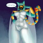  1_eye 2022 abs accessory animal_humanoid anthro armor bell blonde_hair breasts camel_toe cat_humanoid circlet clothed clothing cyclops demanding detailed dialogue domestic_cat ear_fur egyptian egyptian_clothing egyptian_headdress eldritch_abomination eldritch_horror english_text erect_nipples exclamation_point felid felid_humanoid feline feline_humanoid felis female fur furgonomics green_body green_fur green_tail hair hand_on_hip headgear humanoid hybrid inner_ear_fluff jewelry kalasiris looking_at_viewer looking_down mammal mammal_humanoid multicolored_body multicolored_fur multicolored_hair multicolored_tail nipples nyanlathotep_(sucker_for_love) orange_sclera pose purple_background raised_arm ribbons roachmotel34 short_hair shoulder_guards simple_background skin_tight_suit smoke solo speech_bubble standing sucker_for_love tail_accessory tail_ribbon talking_to_viewer teal_ears teal_hair text thick_thighs tight_clothing tuft vambrace vambraces video_games wide_hips yellow_body yellow_eyes yellow_fur yellow_tail 