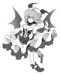  1girl absurdres bangs bat_wings bow closed_mouth curiosities_of_lotus_asia dress eyebrows_visible_through_hair full_body hat heart highres kamenozoki_momomo long_sleeves looking_at_viewer monochrome off_shoulder official_alternate_costume one-hour_drawing_challenge one_eye_closed remilia_scarlet shoes short_hair solo touhou twitter_username upper_body wings 