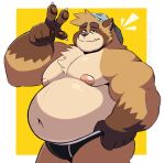 2022 anthro belly brown_body canid canine clothing cute_fangs hat headgear headwear hi_res humanoid_hands male mammal moobs nipples overweight overweight_male raccoon_dog solo splashburr tanuki underwear 