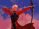  1boy absurdres archer_(fate) armor arrow_(projectile) baragi bow_(weapon) cloud cloudy_sky dark-skinned_male dark_skin drawing_bow fate/grand_order fate_(series) grey_eyes highres holding holding_bow_(weapon) holding_weapon korean_commentary looking_away male_focus moon pink_cloud serious short_hair shrug_(clothing) sky solo weapon white_hair 