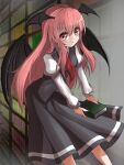  1girl annoyed bangs bat_wings black_skirt black_vest blush book bookshelf closed_mouth eyebrows_visible_through_hair eyelashes feet_out_of_frame flying furrowed_brow hair_between_eyes head_wings highres holding holding_book indoors juliet_sleeves kayon_(touzoku) koakuma leaning_forward library long_hair long_sleeves looking_at_viewer necktie pointy_ears puffy_sleeves red_eyes red_hair red_necktie shirt skirt solo touhou very_long_hair vest voile white_shirt wing_collar wings 