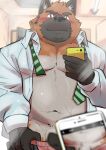  2022 anthro black_body blush brown_body canid canine canis cellphone clothed clothing detailed_background domestic_dog genitals hi_res humanoid_hands inside kemono male mammal mirror_selfie navel necktie open_clothing open_shirt open_topwear penis phone selfie shirt slightly_chubby smartphone solo topwear ujishiyo underwear 