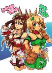  2girls animal_ears bandana bandeau bangs bare_shoulders bead_necklace beads belt bikini bikini_under_clothes black_gloves breasts brown_belt brown_gloves brown_hair character_request cleavage commentary_request cropped_legs detached_sleeves eyewear_on_head front-tie_top gloves green_eyes green_skirt hair_between_eyes hair_ornament hand_on_hip hand_up highres horse_ears index_finger_raised jacket jewelry long_hair long_sleeves looking_at_viewer medium_breasts midriff miniskirt multiple_girls navel necklace off_shoulder orange_hair parted_lips purple_eyes red_jacket saika_(pixiv43370196) short_hair short_sleeves skirt standing star_(symbol) star_hair_ornament stomach strapless sunglasses swimsuit taiki_shuttle_(umamusume) translation_request tube_top umamusume very_long_hair white_background white_skirt 