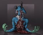  anthro blue_body bone cervid corpse dead_eyes death decay decomposition flesh food gore guts hi_res horn kolkolukija male mammal mane meat organs red_eyes rib_cage ribs rot solo tongue tongue_out white_mane 
