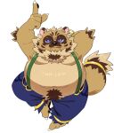  2022 anthro black_nose blue_eyes bottomwear brown_body canid canine clothing ear_piercing ear_ring gokrakstyle hi_res kemono male mammal overweight overweight_male pants piercing raccoon_dog simple_background solo suspenders tanuki 
