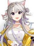  1girl :d absurdres animal_ear_fluff animal_ears arknights artist_name bangs bare_shoulders cat_ears choker collarbone dress eyebrows_visible_through_hair hair_bun hair_ornament hairclip highres jacket kazema_(arknights) looking_at_viewer open_clothes open_jacket open_mouth origami purple_eyes side_bun silver_hair simple_background smile solo upper_body weibo_username white_background white_choker white_dress yellow_jacket 
