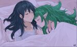  2girls bed_sheet byleth_(fire_emblem) byleth_(fire_emblem)_(female) closed_eyes fire_emblem fire_emblem:_three_houses green_hair multiple_girls pillow pointy_ears sakuremi shirt sleeping sothis_(fire_emblem) under_covers white_shirt 