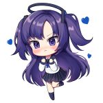  1girl :&lt; absurdres bangs black_legwear black_sailor_collar black_skirt blue_archive blue_bow blush bow closed_mouth eyebrows_visible_through_hair halo heart highres kk_(aky2374) long_hair long_sleeves looking_at_viewer no_shoes parted_bangs pleated_skirt purple_eyes purple_hair sailor_collar school_uniform serafuku simple_background skirt socks solo standing standing_on_one_leg two_side_up v-shaped_eyebrows very_long_hair white_background yuuka_(blue_archive) 