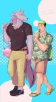  2boys animal_ears bag bara bathym_(housamo) black_hair brown_pants brown_shorts casual dark-skinned_male dark_skin eating facial_hair food full_body furry furry_with_non-furry goatee green_hair green_shirt hawaiian_shirt highres holding_hands interspecies male_focus male_underwear male_underwear_peek multicolored_hair multiple_boys nee_(nee_job27) pants pectorals pink_male_underwear pocky purple_fur sandals shirt short_hair shorts stomach taurus_mask tokyo_afterschool_summoners toned toned_male translation_request two-tone_hair underwear walking wolf_boy wolf_ears yaoi 