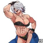  1girl abs angel_(kof) biceps bra breasts chaps fingerless_gloves gloves hair_over_one_eye highres jamrolypoly large_breasts muscular muscular_female navel snk solo strapless strapless_bra the_king_of_fighters the_king_of_fighters_2001 the_king_of_fighters_xiv the_king_of_fighters_xv thighs toned underwear white_hair 