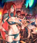  6+girls abs armor bikini black_nails blood blood_splatter blue_bikini blue_legwear breasts brown_gloves brown_hair censored closed_mouth erection fingerless_gloves fingernails futanari gloves grabbing_another&#039;s_hair green_eyes highres licking_lips long_hair medium_breasts mosaic_censoring multicolored_hair multiple_girls nail_polish navel night nipples original outdoors pauldrons penis ponytail purple_hair red_hair shiratama_(monster1553) shoulder_armor smile standing streaked_hair swimsuit thighhighs tongue tongue_out torn_clothes torn_legwear very_long_hair 