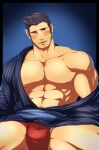  1boy abs bara bare_pectorals blue_kimono blush boxer_briefs bulge check_copyright copyright_request crotch facial_hair feet_out_of_frame gift_art head_tilt japanese_clothes kimono kito_(clamp5656) large_pectorals long_sideburns looking_at_viewer male_focus male_underwear mature_male muscular muscular_male navel nipples open_clothes open_kimono original pectorals red_male_underwear short_hair sideburns smile solo spread_legs stomach striped striped_kimono stubble thick_thighs thighs underwear 
