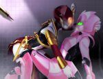  2girls absurdres arm_support breath crossover glowing glowing_eyes green_eyes hand_on_another&#039;s_head hand_on_hip helmet highres holding_another&#039;s_head kamen_rider kamen_rider_sabela kamen_rider_saber_(series) kikai_sentai_zenkaiger looking_at_another magine multiple_girls on_ground reiei_8 robot super_sentai tile_wall tiles tokusatsu yuri 