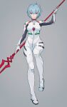  1girl absurdres ayanami_rei blue_hair bodysuit full_body hajikkoneko highres holding interface_headset lance_of_longinus looking_at_viewer multicolored_bodysuit multicolored_clothes neon_genesis_evangelion pilot_suit plugsuit polearm red_eyes short_hair solo symbol-only_commentary weapon white_bodysuit 