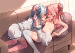  2girls absurdres blue_hair breasts couch detached_sleeves hair_ornament highres holding_hands incest interlocked_fingers kotonoha_akane kotonoha_aoi long_hair looking_at_another masanaga_(tsukasa) multiple_girls nipples nude on_couch pink_eyes pink_hair pink_legwear shirt siblings sisters skirt small_breasts thighhighs voiceroid white_legwear white_shirt white_skirt yuri 
