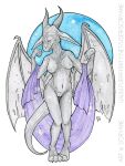  abstract_background anthro breasts claws crow&#039;s_feet digitigrade dragon elderly_female eyes_closed female genitals grey_body grey_scales horn mature_anthro mature_female membrane_(anatomy) membranous_wings mostly_nude non-mammal_breasts notched_wings painting_(artwork) platinum_dragoness pussy scales solo soryane traditional_media_(artwork) watercolor_(artwork) wings wrinkled_skin 