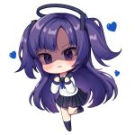  1girl absurdres bangs black_legwear black_sailor_collar black_skirt blue_archive blue_bow blush bow commentary eyebrows_visible_through_hair halo heart highres kk_(aky2374) long_hair long_sleeves looking_at_viewer no_shoes parted_bangs parted_lips pleated_skirt purple_eyes purple_hair sailor_collar school_uniform serafuku shaded_face simple_background skirt socks solo standing standing_on_one_leg two_side_up v-shaped_eyebrows very_long_hair wavy_mouth white_background yuuka_(blue_archive) 