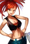  1girl :d bangs bare_arms belt blue_pants breasts cleavage collarbone flannery_(pokemon) floating_hair hands_on_hips long_hair looking_at_viewer medium_breasts midriff nasubin_(user_tjyp5584) navel open_mouth pants pokemon pokemon_(game) pokemon_oras red_bandeau red_eyes red_hair simple_background smile solo standing stomach white_background white_belt 