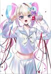  1girl :d absurdres bangs blood blood_from_eyes blue_bow blue_eyes blue_hair blunt_bangs blush bow cellphone chouzetsusaikawa_tenshi-chan collarbone collared_shirt cowboy_shot eyebrows_visible_through_hair eyeshadow gradient_hair groin hair_bow highres holding holding_phone holographic_clothing inui_kentarou large_bow long_hair long_sleeves looking_at_viewer makeup midriff miniskirt multicolored_hair multicolored_nails nail_polish navel needy_girl_overdose open_mouth phone phone_screen pink_bow pink_hair pleated_skirt purple_bow quad_tails sailor_collar school_uniform shirt simple_background skirt smartphone smile solo standing v very_long_hair white_background white_bow 