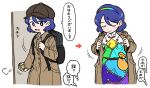  1girl blue_eyes blue_hair brown_coat brown_headwear cabbie_hat coat condoria hat multicolored_clothes multicolored_hairband patchwork_clothes rainbow_gradient red_button short_hair simple_background solo speech_bubble tenkyuu_chimata touhou translation_request white_background zipper 