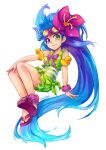  1girl ankle_scrunchie bangs bare_legs blue_hair breasts flower full_body goggles goggles_on_head hair_flower hair_ornament heterochromia highres league_of_legends long_hair looking_at_viewer multicolored_hair pink_flower pink_hair pink_scrunchie pool_party_(league_of_legends) pool_party_zoe purple_eyes scrunchie shoes simple_background smile swimsuit two-tone_hair vmat white_background wrist_scrunchie zoe_(league_of_legends) 