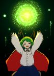  1girl ^_^ absurdres androgynous antennae arms_up bangs black_background black_cape blue_shorts bug cape closed_eyes collared_shirt cowboy_shot firefly fireworks flat_chest genki_dama gradient gradient_background green_background green_hair happy highres neruzou night night_sky open_mouth outdoors outstretched_arms red_cape shirt short_hair shorts simple_background sky teeth tomboy touhou two-sided_cape two-sided_fabric upper_teeth white_shirt wriggle_nightbug 
