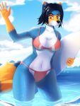  2022 5_fingers anthro blue_body blue_fur breasts cleavage clothed clothing cloud female fingers fur hi_res island ladnelsiya sky solo surfboard swimwear water white_body white_fur yellow_body yellow_fur 