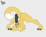  absurd_res anthro ass_up bandai_namco big_breasts big_butt black_lips black_sclera breasts butt chest_wraps clothing digimon digimon_(species) female fur hat headgear headwear hi_res hyenalattes jack-o&#039;_pose lips looking_at_viewer paws pose solo taomon thick_thighs wide_hips wraps yellow_body yellow_fur 