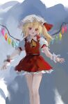  1girl :d absurdres ascot bangs bare_legs blonde_hair blue_background bow collared_shirt crystal feet_out_of_frame fingernails flandre_scarlet floating_hair frilled_cuffs frilled_sleeves frills grey_background hair_between_eyes hat hat_bow highres legs_together light_blush long_hair looking_at_viewer miniskirt mob_cap nail_polish no_lineart no_nose one_side_up open_hands open_mouth outstretched_arms petticoat puffy_short_sleeves puffy_sleeves red_bow red_eyes red_nails red_skirt red_vest reddizen shirt short_sleeves skirt skirt_set smile solo standing touhou vest white_headwear white_shirt wing_collar wings wrist_cuffs yellow_ascot 