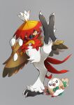  animal_focus beak bird bright_pupils brown_eyes commentary grey_background highres hisuian_decidueye kicking leg_up looking_at_viewer pkpokopoko3 pokemon pokemon_(creature) rowlet talons 