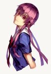  1girl bangs blue_shirt bow bowtie collared_shirt cropped_torso floating_hair from_side gasai_yuno grin hair_between_eyes hair_bow head_tilt long_hair looking_at_viewer mirai_nikki nasubin_(user_tjyp5584) parted_lips pink_hair red_bow red_bowtie red_eyes sailor_collar sailor_shirt school_uniform shirt short_sleeves sidelocks simple_background smile solo twintails very_long_hair white_background white_sailor_collar 