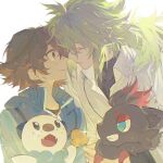 2boys alannoran bangs blue_jacket blurry blush brown_eyes brown_hair closed_eyes closed_mouth collarbone collared_shirt commentary_request green_hair grin hilbert_(pokemon) holding holding_shell jacket long_hair looking_at_another male_focus multiple_boys n_(pokemon) oshawott pokemon pokemon_(creature) pokemon_(game) pokemon_bw seashell shell shirt short_hair smile sparkle teeth undershirt white_background white_shirt yaoi zorua 
