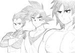  3boys areolae bara blush broly_(dragon_ball_super) crossed_arms dragon_ball dragon_ball_super dragon_ball_super_broly eyebrows_visible_through_hair frown greyscale kkkkkirrier large_pectorals looking_at_another looking_down male_focus meme monochrome multiple_boys muscle_envy muscular muscular_male nipples pectoral_cleavage pectoral_envy_(meme) pectoral_focus pectorals short_hair son_goku spiked_hair thick_eyebrows topless_male upper_body vegeta 