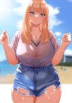 1girl arms_up bangs beach blonde_hair blue_eyes blue_sky blurry blurry_background blush breasts buttons character_request cleavage closed_mouth cloud cloudy_sky collarbone commentary_request copyright_request cowboy_shot denim denim_shorts eyebrows_visible_through_hair head_tilt highres lips long_hair looking_at_viewer no_nose outdoors see-through short_sleeves shorts sidelighting sky solo straight-on takaya123456 thick_thighs thighs torn_clothes torn_legwear tsurime v-neck 