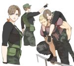  1boy 1girl blonde_hair brown_hair bug butterfly camouflage camouflage_pants closed_eyes closed_mouth fingerless_gloves genderswap genderswap_(mtf) gloves hat jack_krauser leon_s._kennedy muscular muscular_male pants psmhbpiuczn resident_evil resident_evil_2 resident_evil_4 resident_evil_darkside_chronicles short_hair simple_background white_background 