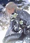  1boy armor blurry blurry_background cape copyright_request curly_hair feet_out_of_frame flower from_side glint grey_cape grey_hair highres holding holding_flower kneeling long_hair male_focus parted_lips red_eyes rrr_(reason) snow snowing solo white_flower 