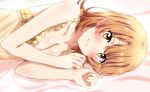  1girl bangs bare_arms bed_sheet blush breasts brown_hair cleavage closed_mouth collarbone eyebrows_visible_through_hair isshiki_iroha lieass long_hair looking_at_viewer lying medium_breasts on_side shiny shiny_hair shiny_skin shirt sleeveless sleeveless_shirt smile solo straight_hair upper_body yahari_ore_no_seishun_lovecome_wa_machigatteiru. yellow_eyes yellow_shirt 